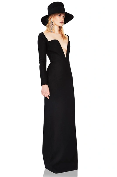 Shop Saint Laurent Wool Plunging Long Sleeve Gown In Black