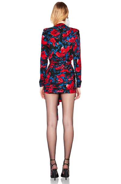 Shop Saint Laurent Floral Draped Plunging Mini Dress In Black,floral,red. In Black  Red & Blue