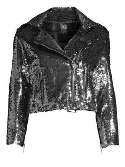 Shop Nour Hammour Sparkles Leather Moto Jacket In Gunmetal