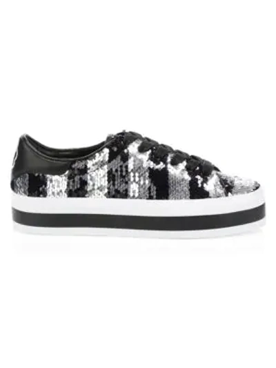 Shop Alice And Olivia Ezra Striped Sequin Trainers In Black Silver