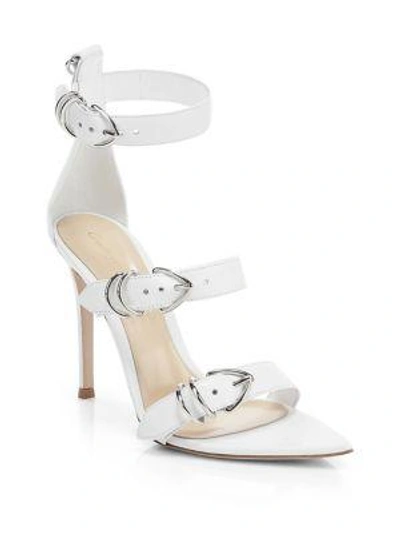 Shop Gianvito Rossi Triple Buckle Leather Sandals In White