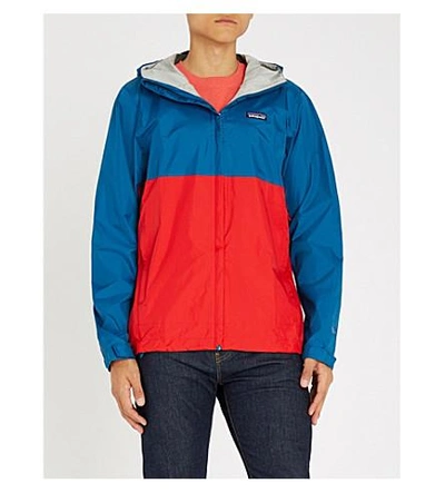 Shop Patagonia Torrentshell Hooded Shell Jacket In Big Sur Blue/fire Red