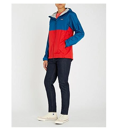 Shop Patagonia Torrentshell Hooded Shell Jacket In Big Sur Blue/fire Red