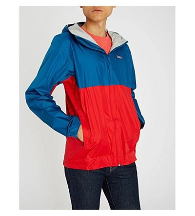 Shop Patagonia Torrentshell Hooded Shell Jacket In Big Sur Blue/fire Red