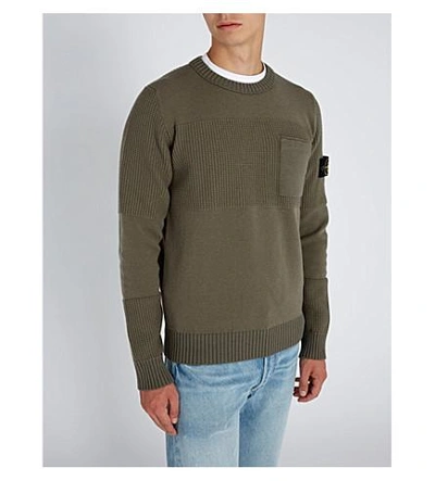 Shop Stone Island Textured-panel Wool-blend Jumper In Olive