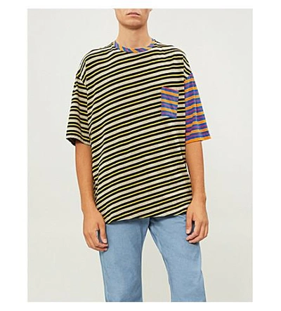 Shop Marni Contrast-stripe Cotton-blend T-shirt In Grey Yellow Blue