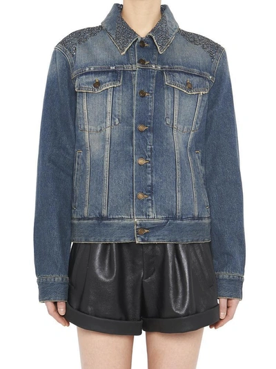 Shop Saint Laurent Embellished Shoulder Denim Jacket In Blue