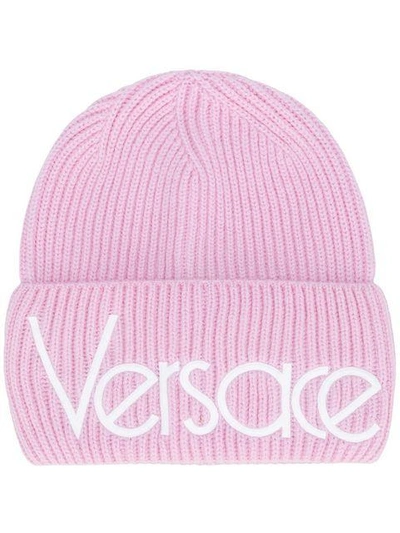 Shop Versace Logo Ribbed Beanie - Pink & Purple