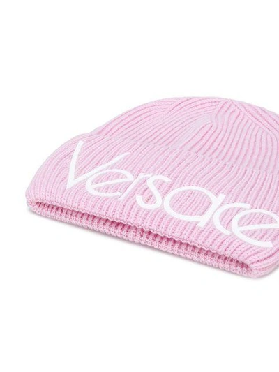 Shop Versace Logo Ribbed Beanie - Pink & Purple