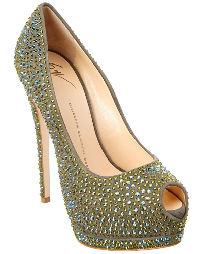 Shop Giuseppe Zanotti Embellished Suede Platform Pump In Green