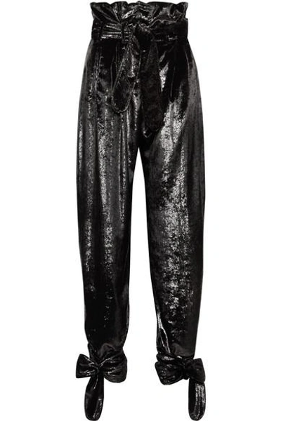 Shop Attico Tie-detailed Belted Metallic Velvet Straight-leg Pants In Black