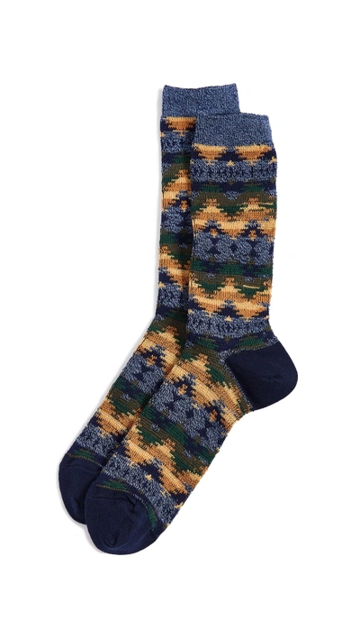 Shop Anonymous Ism Wigwam Jacquard Crew Socks In Navy/yellow