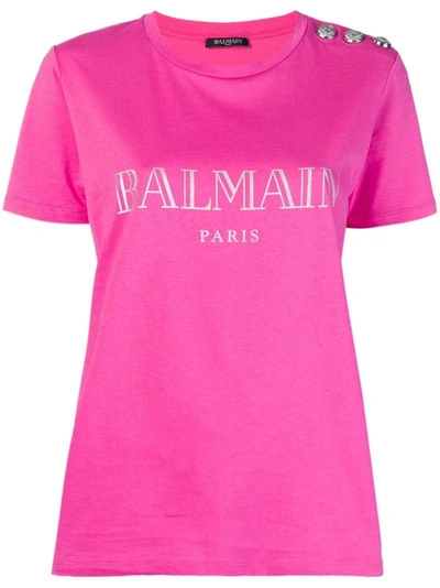Shop Balmain Buttoned Logo T-shirt - Pink In Pink & Purple