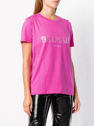 Shop Balmain Buttoned Logo T-shirt - Pink In Pink & Purple