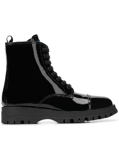 Shop Prada Varnish Lace Up Boots In Black