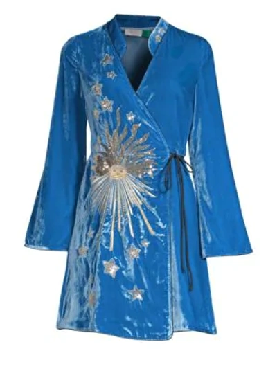 Shop Rixo London Iris Embellished Velvet Wrap Dress In Blue