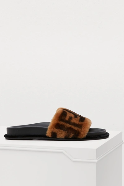 Shop Fendi Fur Sandals In Scanbrown Nero