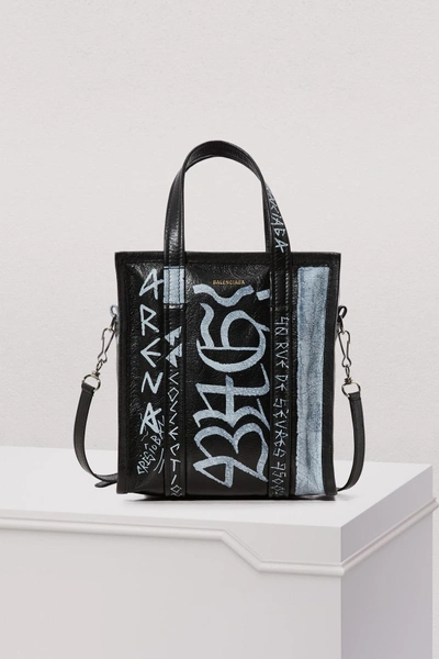 Shop Balenciaga Xs Graffiti Bazar Tote Bag In Black / White