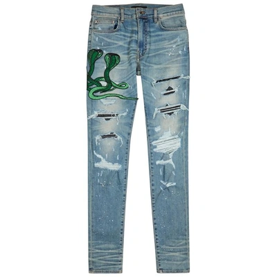 Shop Amiri Blue Snake-appliquéd Skinny Jeans