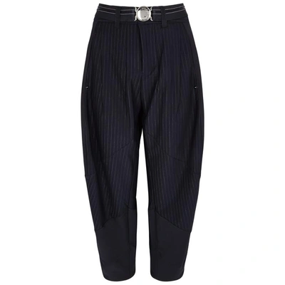 Shop High Faye Pinstriped Draped Jersey Trousers In Navy