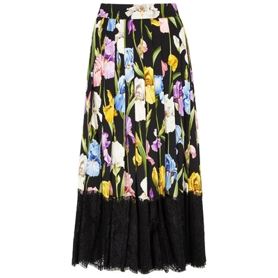 Shop Dolce & Gabbana Floral-print Silk-blend Midi Skirt In Black