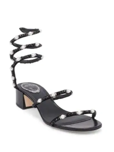 Shop René Caovilla Pearl And Crystal Ankle Wrap Sandals In Black