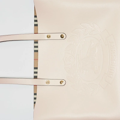 Shop Burberry Small Embossed Crest Leather Tote In Limestone