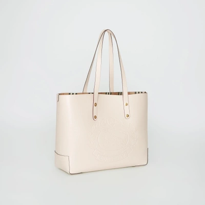 Shop Burberry Small Embossed Crest Leather Tote In Limestone