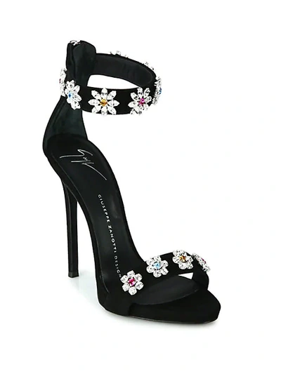 Shop Giuseppe Zanotti Flower Crystal-embroidered Suede Sandals In Black