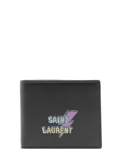 Shop Saint Laurent Lightning Bolt Leather Wallet In Black