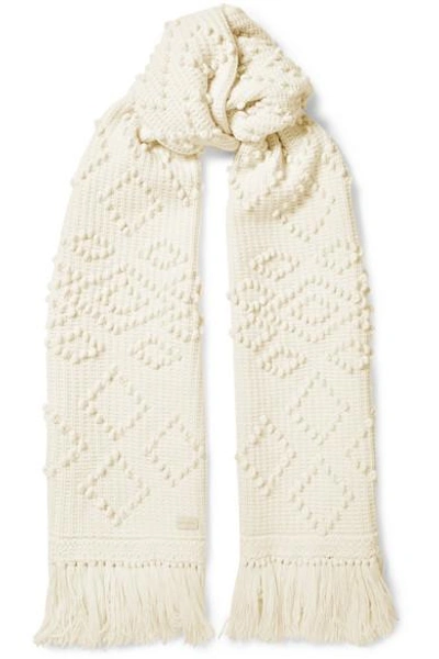 Shop Saint Laurent Fringed Embroidered Wool Scarf In Ivory