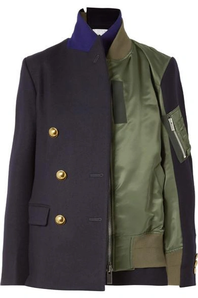 Shop Sacai Paneled Wool-crepe And Shell Jacket In Midnight Blue