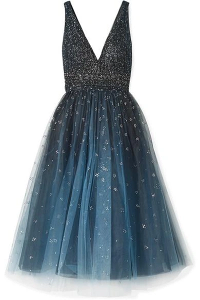 Shop Marchesa Notte Embellished Ombré Tulle Gown In Navy