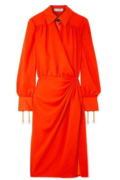 Shop Altuzarra Kat Leather-trimmed Draped Crepe Midi Dress In Bright Orange