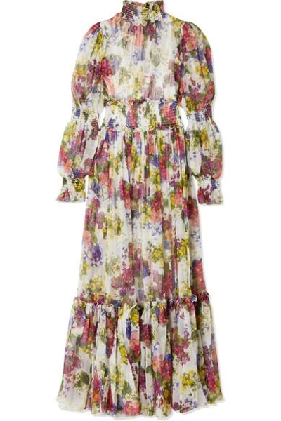 Shop Dolce & Gabbana Smocked Floral-print Silk-chiffon Maxi Dress In Ivory