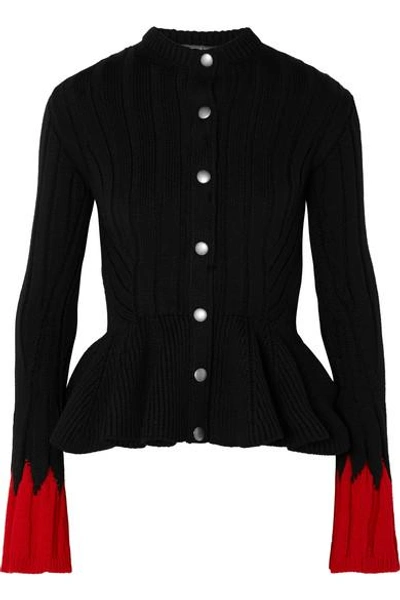 Shop Alexander Mcqueen Ribbed Wool-blend Peplum Cardigan In Black