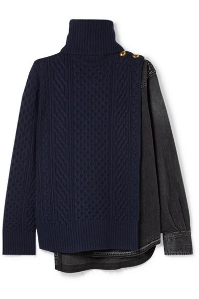Shop Sacai Cable-knit Wool And Denim Turtleneck Sweater In Midnight Blue
