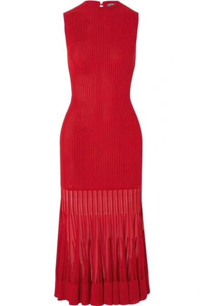 Shop Alexander Mcqueen Mesh-paneled Ribbed Stretch-knit Dress In Red