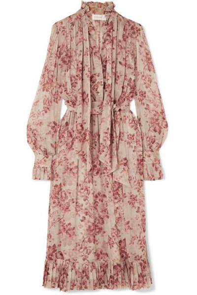 Shop Zimmermann Unbridled Pussy-bow Floral-print Silk-georgette Midi Dress In Antique Rose