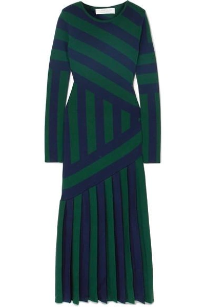 Shop Gabriela Hearst Felicia Pleated Striped Stretch Wool-blend Midi Dress In Navy