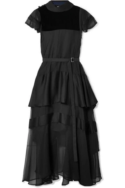 Shop Sacai Layered Velvet-paneled Cotton-poplin And Chiffon Midi Dress In Black