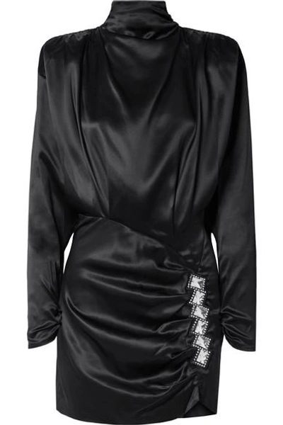 Shop Alessandra Rich Embellished Open-back Ruched Satin Mini Dress In Black