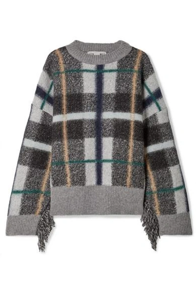 Shop Stella Mccartney Oversized Fringed Plaid-intarsia Wool Sweater In Gray