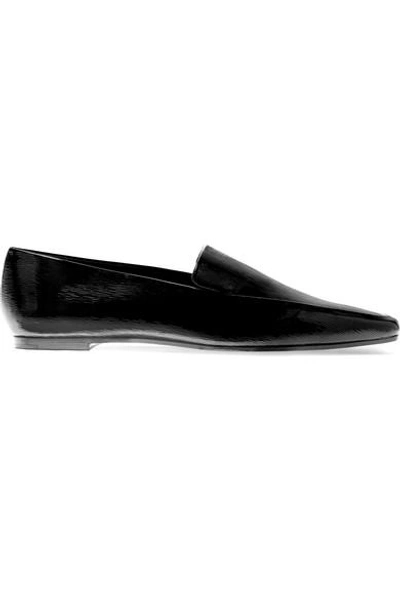 Shop The Row Minimal Textured Patent-leather Loafers In Black