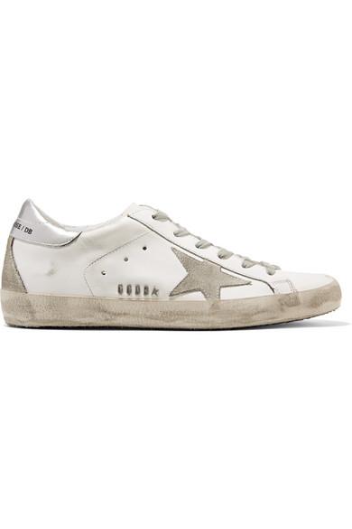 golden goose superstar distressed metallic leather and suede sneakers