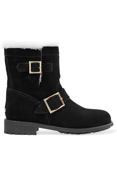 Shop Jimmy Choo Youth Shearling-lined Suede Ankle Boots In Black