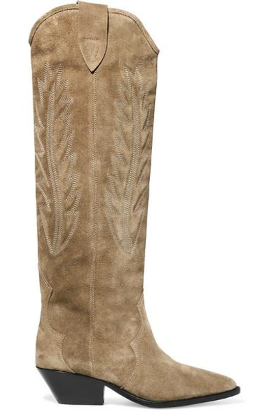 Shop Isabel Marant Denzy Embroidered Suede Knee Boots In Green