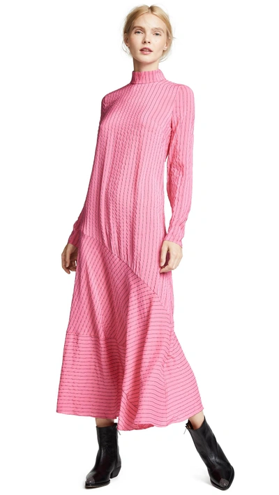 Shop Ganni Seersucker Dress In Hot Pink