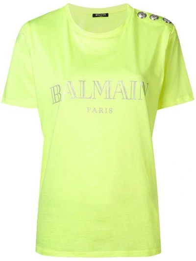 Shop Balmain Round Neck Logo T-shirt - Yellow