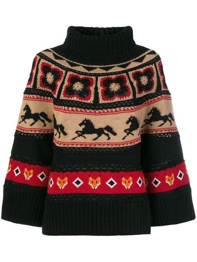 Shop Alberta Ferretti Intarsia-knit Turtleneck Jumper In Black